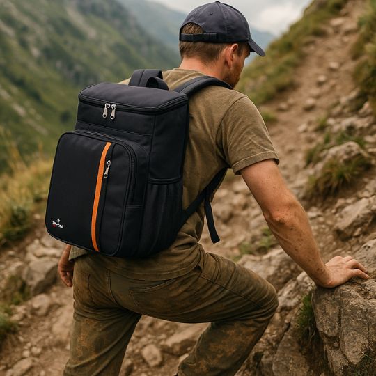 homme qui grimpe une montagne avec un sac a dos glaciere noir