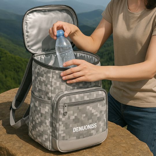 femme qui prend une bouteille d'eau froide dans un sac a dos isotherme