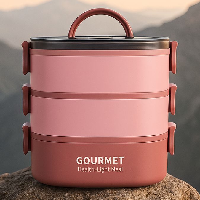 boite lunch box rose sur un rocher au sommet d'une montagne
