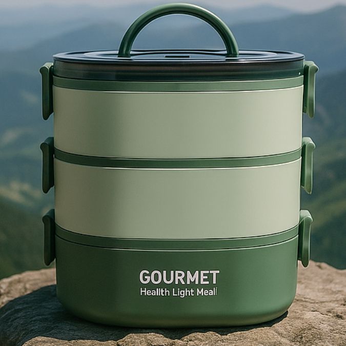 boite lunch box verte sur un rocher