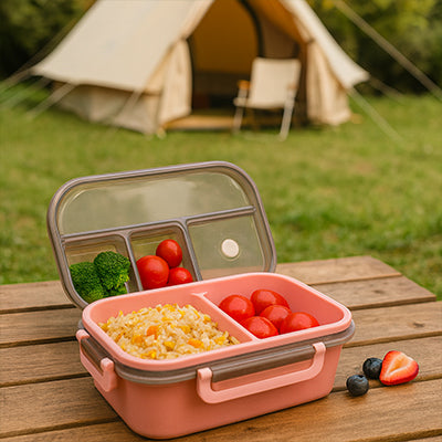 boite pour repas rose ouverte sur une table de camping