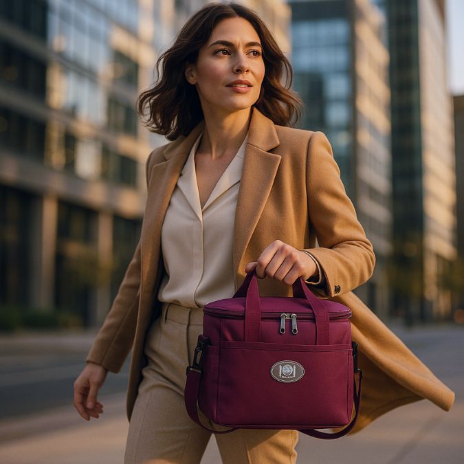 femme qui marche une rue avec une glaciere pliable rouge dans la main