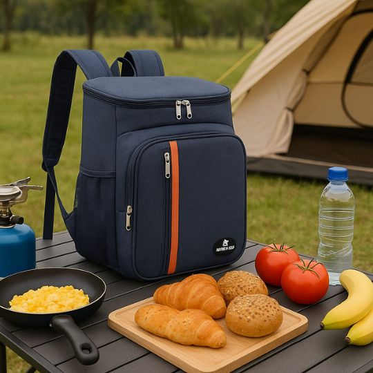 une glacière sac à dos bleu sur une table de camping près d'une tente