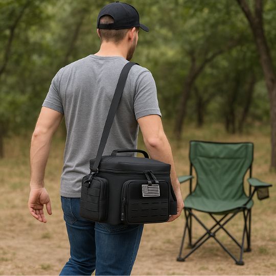 homme qui marche sur un terrain de camping avec une glaciere sac noir