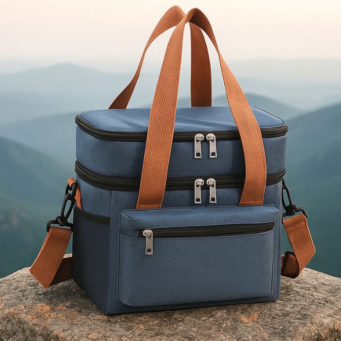 présentation d'une glacière souple bleu double compartiments sur un rocher