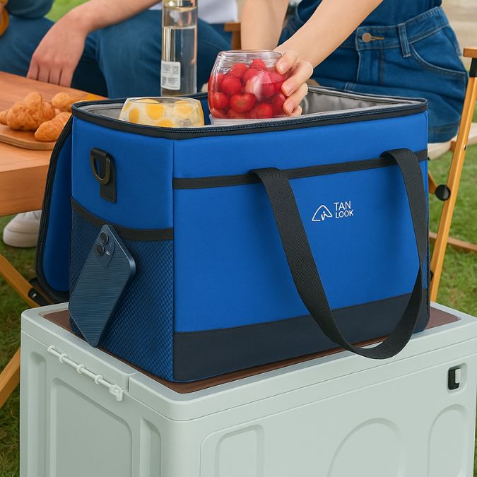 une glaciere souple bleu ouverte avec des aliments frais à l'intérieur