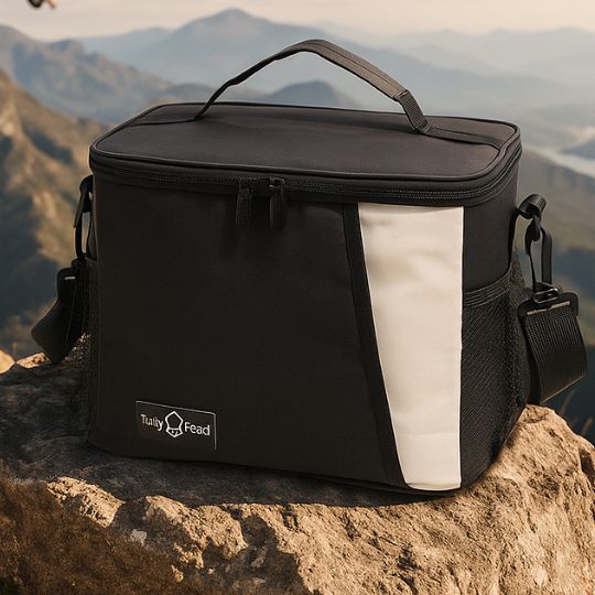 présentation d'une glaciere souple noir et blanche au sommet d'un montagne au soleil