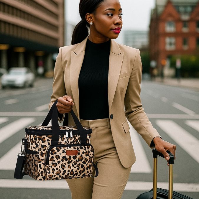 femme noir dans la rue en tenant une des glacières souples léopard