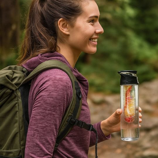 femme avec sa gourde en plastique infusé de fruits qui marche en nature