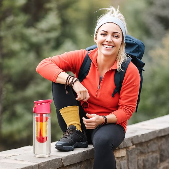 femme en pause lors d'un trekking qui s'hydrate avec sa gourde en plastique rose
