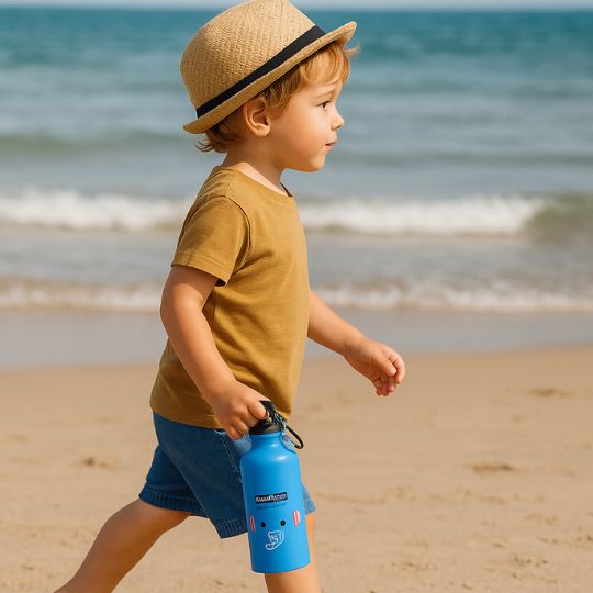 petit garçon sur le bord de la plage avec sa gourde enfant inox éléphant