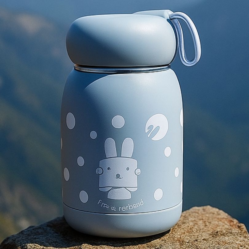 gourde inox enfant bleu sur un rocher