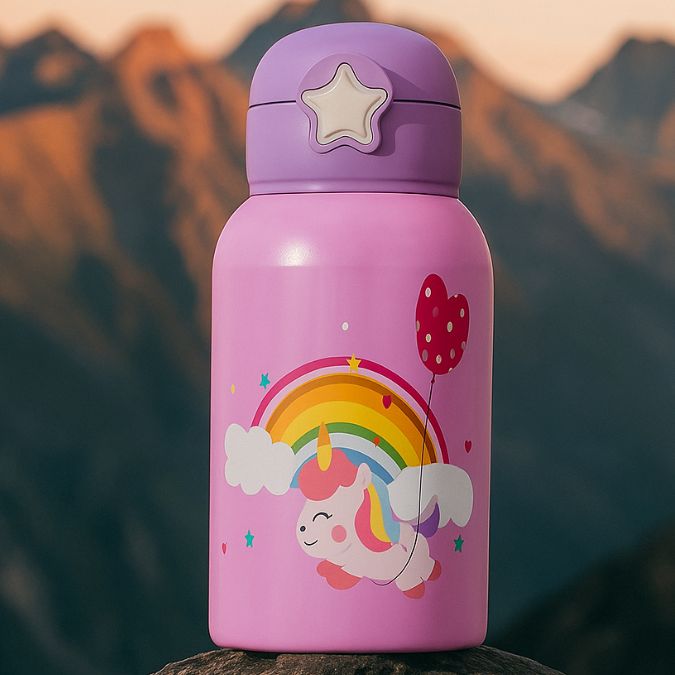 présentation d'une gourde isotherme enfant violet sur un rocher en plein air