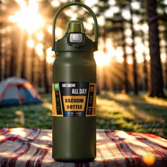 gourde-isotherme-verte-sur-tapis-de-camping