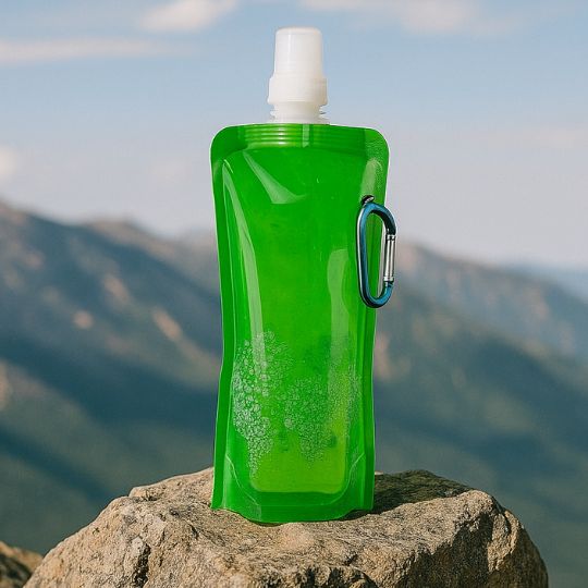 présentation d'une gourde souple verte sur un rocher au sommet d'une montagne