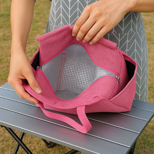 on montre l'intérieur d'un lunch bag rose fait d'aluminium