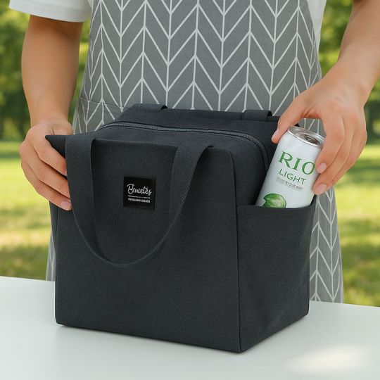 présentation lunch bag isotherme noir avec poche lateral en exterieur