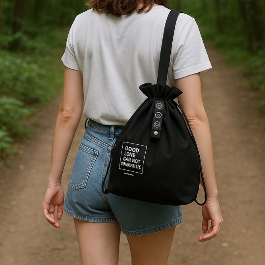 femme qui marche en forêt avec un lunch bag isotherme noir en tissu