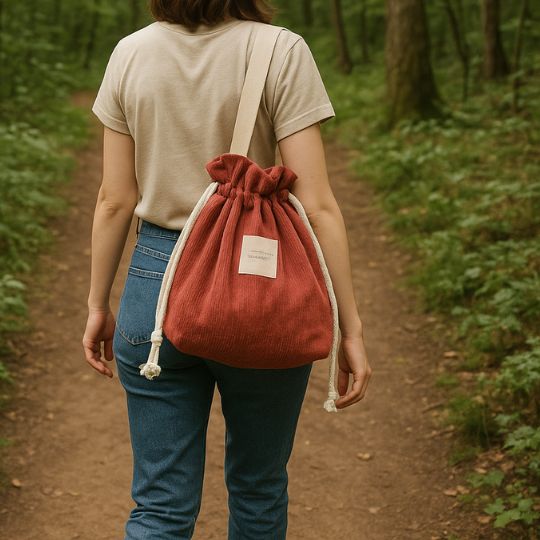 femme qui marche en forĂȘt avec son lunch bag rouge