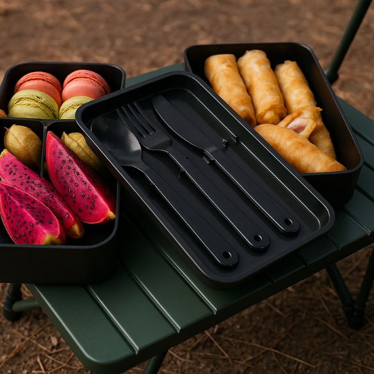 lunch box isotherme plein d'aliments sur une table de camping