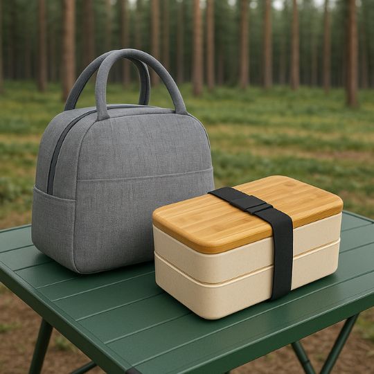 lunch boc isotherme blanche sur une table de camping