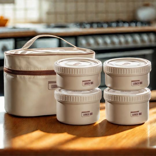 sac de rangement avec ses quatres lunch box isotherme prĂȘt Ă ĂȘtre utilisĂ© en camping