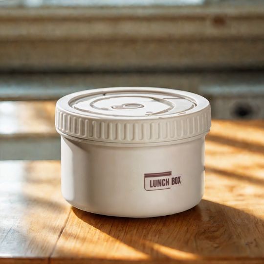 lunch box isotherme beige sur une table de cuisine