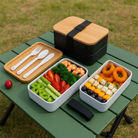 lunch box isotherme blanche avec ses compartiments et ustenciles étendues sur la table de camping