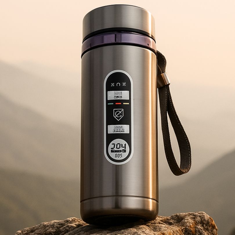 mug de voyage argent sur un rocher