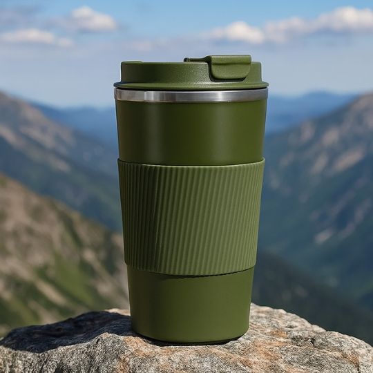 un mug isotherme vert en plein air