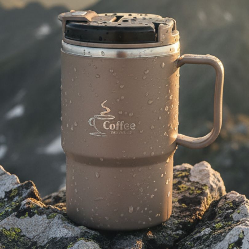 mug thermo brun sur un rocher