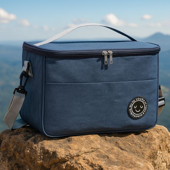 présentation d'une petite glaciere repas bleu sur un rocher