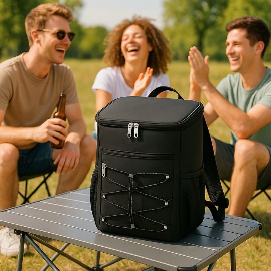 un sac a dos glaciere déposé sur une table pendant que des amis s'amuse