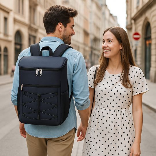 homme qui porte un sac a dos glaciere bleu et qui regarde sa conjointe dans les yeux