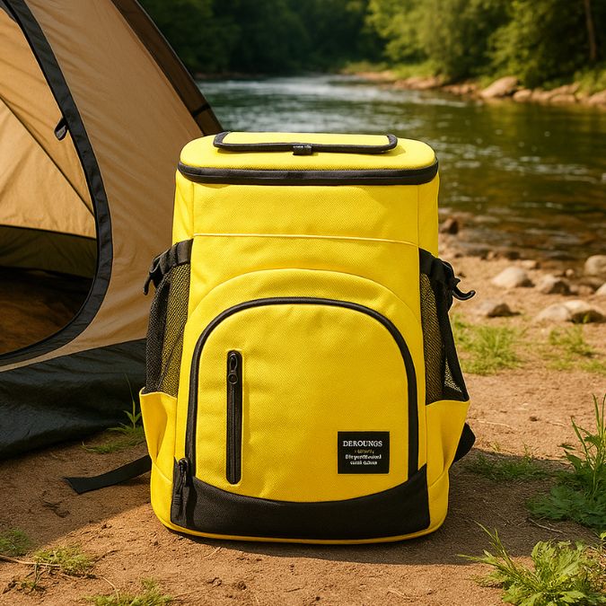 présentation d'un sac a dos isotherme jaune près d'une tente et d'une rivière