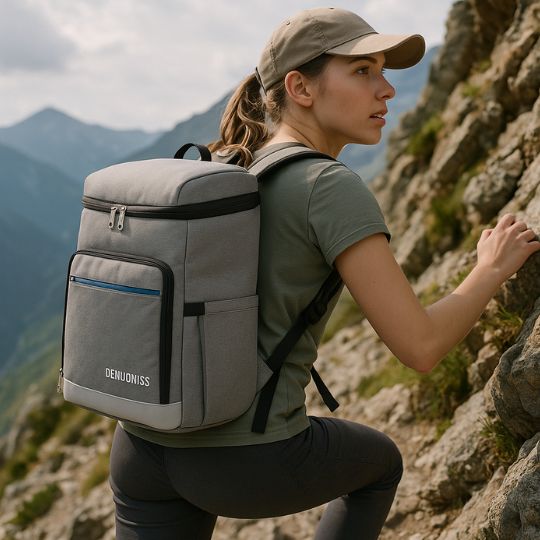 femme qui grimpe une montagne avec son sac a dos isotherme gris