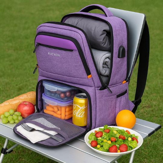 un sac à dos isotherme violet avec toutes ses poches ouvertes pour montrer ses nombreux compartiments