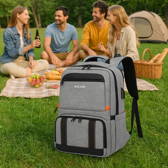 présentation d'un sac à dos isotherme sur le sol pendant un pique nique