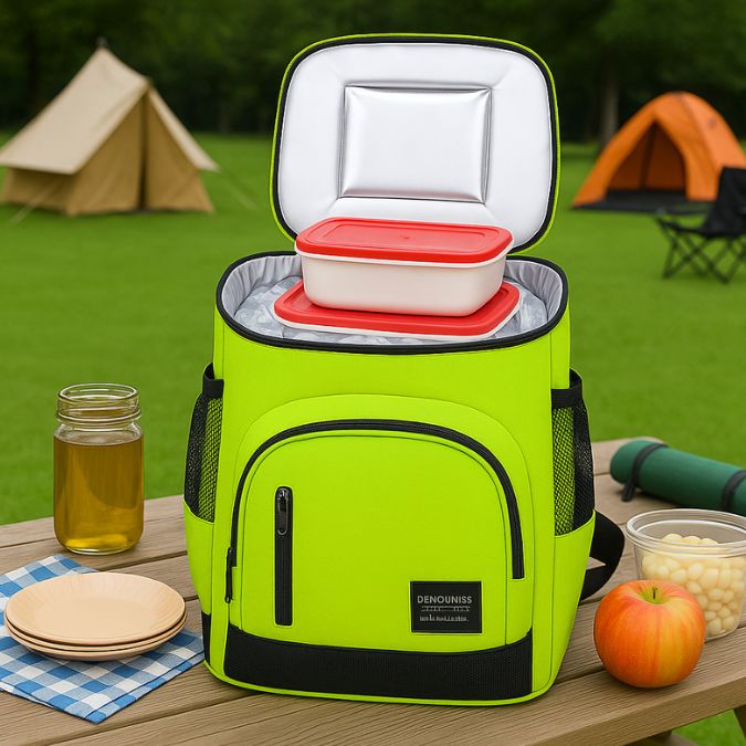 présentation d'un sac a dos isotherme vert sur une table de pique-nique en plein air