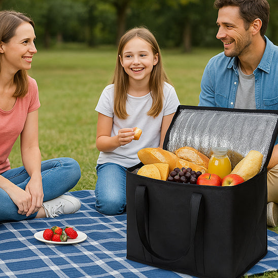 famille mangeant un repas frais en pique nique grâce à un sac glaciere isotherme
