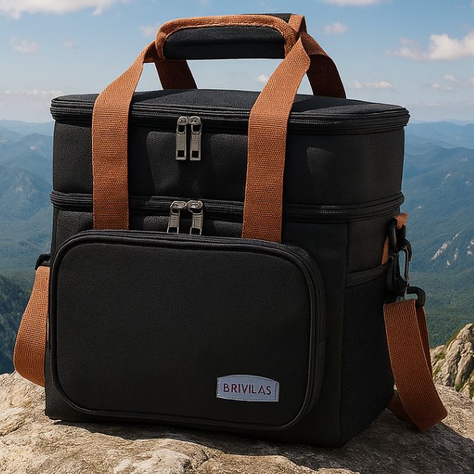 sac isotherme double étage noir sur un rocher au soleil