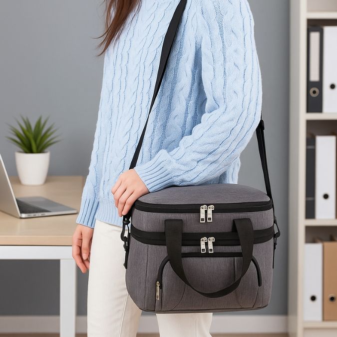 femme transportant un sac isotherme gris en bandoulière au bureau