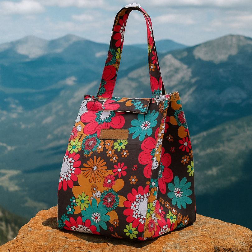 présentation d'un sac isotherme repas avec fleurs multicolore