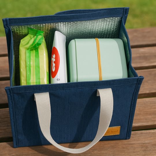 un sac lunch box bleu ouvert sur une table de camping