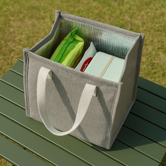 un sac lunch box gris ouvert avec des aliments frais à l'intérieur