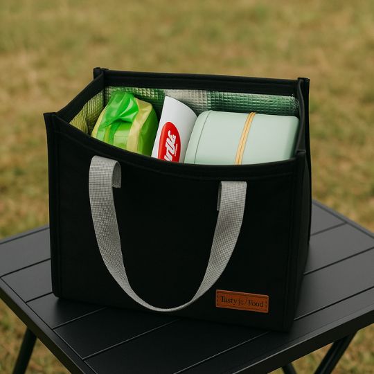 sac lunch box ouvert avec des aliments frais à l'intérieur