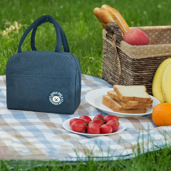 sac repas isotherme bleu sur le tapis de camping avec des aliments frais