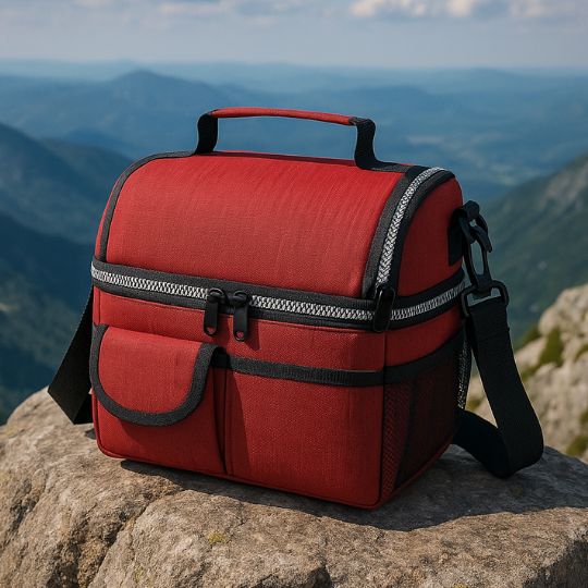 présentation d'un sac repas isotherme rouge au sommet d'une montagne sur une roche