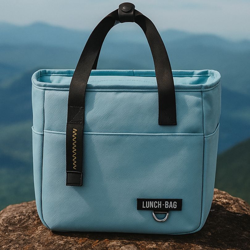 Présentation d'un sac thermique bleu ciel sur un rocher