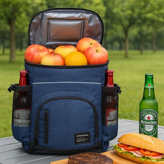 sac à dos glacière bleu plein d'aliment frais en nature